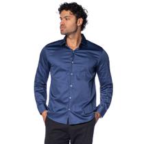 Camisa Masculina Amil Manga Longa Slim Elastano Azul Escuro