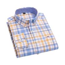 Camisa Masculina Azul de Manga Comprida em Algodão Oxford - Tamanhos S-7XL