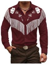 Camisa masculina BEAUDRM Vintage Western Cowboy com franja floral vermelha Camisa masculina BEAUDRM Vintage Western Cowboy com franja floral vermelha