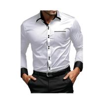 Camisa Masculina Branca Com Retalhos, Manga Comprida, Elástica, Casual, Moda Masculina Para Quatro Camisa Masculina Branca Com Retalhos, Manga Comprida, Elástica, Casual, Moda Masculina Para Quatro