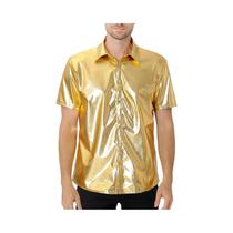 Camisa Masculina Brilhante Metálica Estilo Disco Manga Curta Com Botões Para Festa Anos 70, Dança,