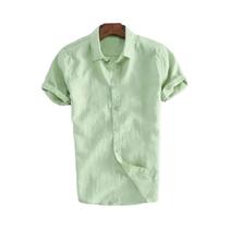 Camisa Masculina Casual de Algodão e Linho - Manga Curta, Gola de Lapela, Cor Sólida Vintage