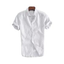 Camisa Masculina Casual de Algodão e Linho - Manga Curta, Gola de Lapela, Cor Sólida Vintage