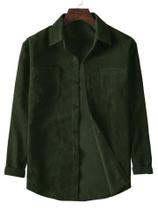 Camisa masculina casual de manga comprida de veludo com lapela de cor sólida