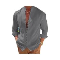 Camisa Masculina Casual de Manga Comprida - Solta, Cor Sólida, Estilo Vintage