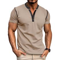 Camisa masculina casual Henley Qekoma Summer de manga curta cáqui