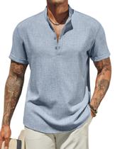 Camisa masculina COOFANDY com gola com faixas Henley, manga curta, azul