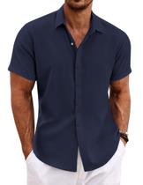 Camisa Masculina COOFANDY de Linho, Manga Curta, Azul Marinho