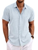 Camisa masculina COOFANDY, manga curta, linho, casual, azul