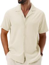Camisa masculina Cotrasen, de linho, manga curta, com botões, bege, branca, L