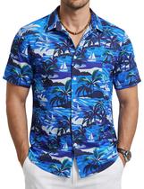 Camisa masculina Cotrasen de manga curta havaiana azul de verão L