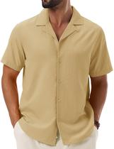 Camisa masculina Cotrasen, de verão, casual, com botão, manga curta, cáqui, S