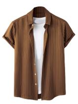 Camisa masculina COZYEASE de manga curta com botões e listras marrons M