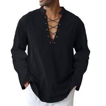 Camisa masculina CTU, algodão, linho, folgada, medieval, preta viking