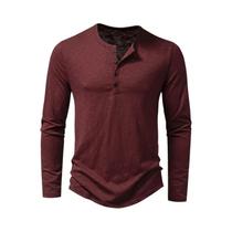 Camisa masculina de algodão com botão Henley, manga comprida, casual, cor sólida, camisetas da moda