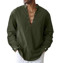Camisa masculina de algodão e linho com botões Medieval Viking Pirata Renascentista Fantasia de Halloween verde militar L