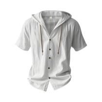 Camisa Masculina De Algodão E Linho Com Capuz, Manga Curta, Respirável, Leve, Com Cordão, Casual,