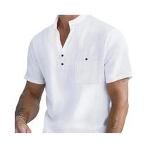 Camisa Masculina De Algodão E Linho De Manga Curta Com Gola Alta E Placket De Meio Botão Para Uso