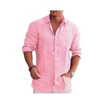 Camisa Masculina De Algodão E Linho De Manga Longa, Cor Sólida, Estilo Casual De Outono