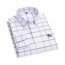 Camisa Masculina de Algodão Puro - Manga Comprida, Xadrez Listrada, Tamanhos S-6XL