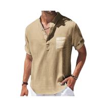 Camisa Masculina de Linho Casual - Manga Curta, Gola Alta e Bolso