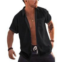 Camisa Masculina De Linho E Algodão, Manga Curta, Com Botões, Gola Dobrável, Para Praia, Verão, Com Camisa Masculina De Linho E Algodão, Manga Curta, Com Botões, Gola Dobrável, Para Praia, Verão, Com