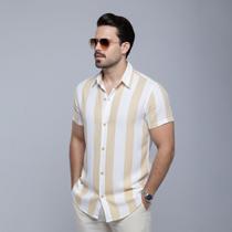 Camisa Masculina de Linho Listrada Manga Curta Slim Fit Social Casual Praia Verão Fresca Estilosa