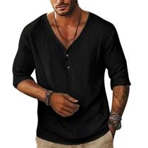 Camisa masculina de linho Rela Bota de manga curta com decote em V, botão, preta L Camisa masculina de linho Rela Bota de manga curta com decote em V, botão, preta L