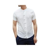 Camisa Masculina De Manga Curta Cor Sólida Estilo Chinês Com Fivela Transversal E Gola Alta