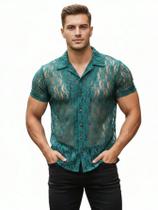 Camisa Masculina de Renda Premium - Transparência Chic Muscle Fit Estilo Resort