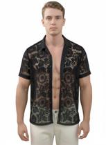 Camisa Masculina de Renda Trabalhada Com Elastano Preta