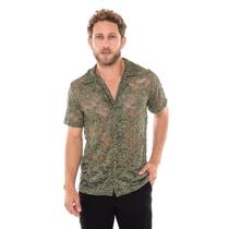 Camisa Masculina de Renda Trabalhada Verde Militar