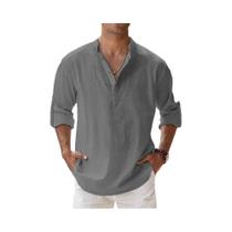 Camisa Masculina De Verão De Manga Longa Em Algodão E Linho Estilo Casual De Praia Havaiana