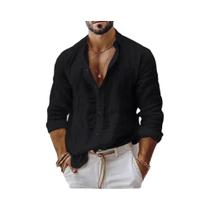 Camisa Masculina De Verão Leve E Respirável De Algodão E Linho, Cor Sólida, Estilo Praia, Com Botões