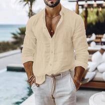 Camisa Masculina De Verão Leve E Respirável Em Algodão E Linho, Cor Sólida, Estilo Praia, Com Botões