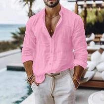 Camisa Masculina De Verão Leve E Respirável Em Algodão E Linho, Cor Sólida, Estilo Praia, Com Botões