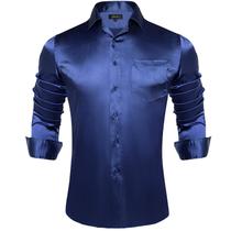 Camisa masculina DiBangu de manga comprida acetinada azul marinho brilhante XXL Camisa masculina DiBangu de manga comprida acetinada azul marinho brilhante XXL