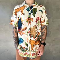 Camisa Masculina Estampada De Botão Manga Curta Onça Casual Viscose Camisa Masculina Estampada De Botão Manga Curta Onça Casual Viscose