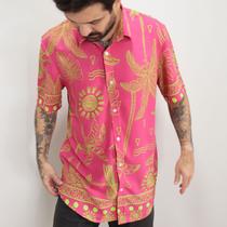 Camisa Masculina Estampada De Botão Rosa Manga Curta Tropical Viscose Camisa Masculina Estampada De Botão Rosa Manga Curta Tropical Viscose