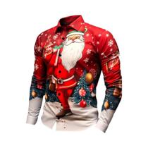 Camisa Masculina Estampada Em 3D Papai Noel Manga Longa Natal Ano Novo Moda Streetwear Gola Lapela