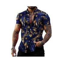 Camisa Masculina Estilo Havaiano Com Estampa De Flores Pretas E Douradas, Camisa De Verão Com Botões