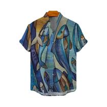 Camisa Masculina Estilo Retrô Em Linho Respirável Com Estampa De Peixe, Confortável, Com Botões,