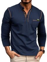 Camisa masculina Gleam Ledra de manga comprida Henley com decote em V B azul marinho