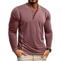 Camisa masculina Henley Estokap, manga comprida, casual, vinho, algodão vermelho