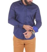 Camisa Masculina Ixória Slim Fit Azul Marinho Marca Luxo M.Longa