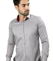 Camisa Masculina Ixória Slim Fit Manga Longa Cinza detalhe gola Marca Luxo