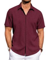 Camisa masculina J.VER, de linho, manga curta, com botões, cor de vinho Camisa masculina J.VER, de linho, manga curta, com botões, cor de vinho