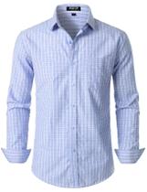 Camisa masculina JEMITOP de manga comprida, justa, xadrez, azul claro, GG