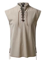 Camisa masculina JEMITOP Renaissance sem mangas com cadarço cáqui L