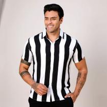 Camisa Masculina Listrado Preto e Branco Manga Curta Botão